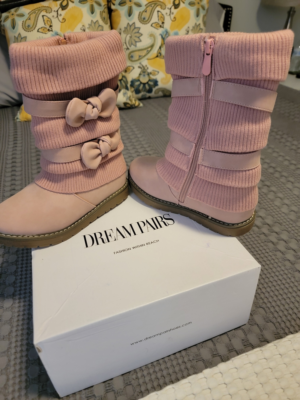 Dream Pairs Girls' Blush Pink Knit Bow Mid-Calf Boots